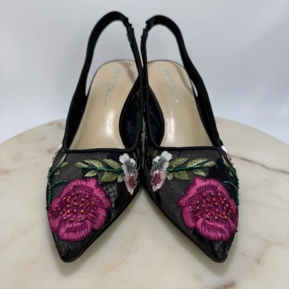 Betsey Johnson Black SB-Lira Women's Embroidered Beaded Size 9.5M Slingback Pump